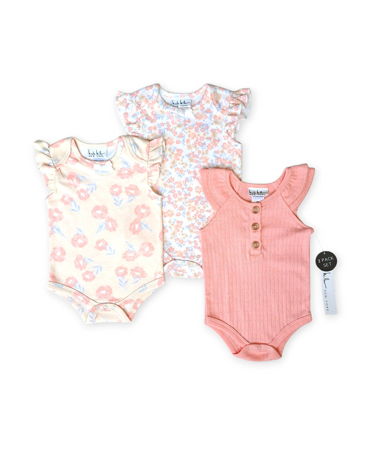 Nicole Miller set 3 mamelucos sin manga multicolor flores - Talla 6a9m