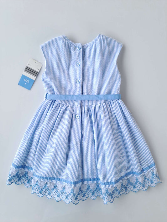 Young Hearts vestido celeste rayas blanco - Talla 12a18 meses