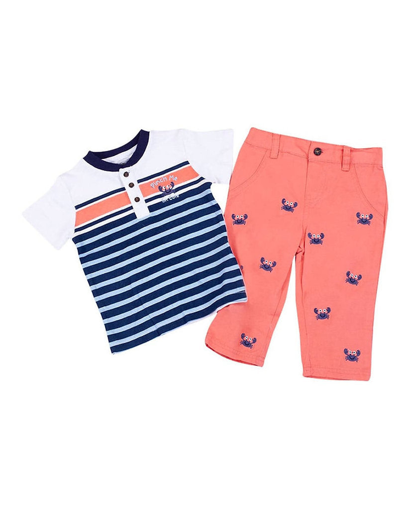 Quiltex conjunto pantalon mezclilla coral y camiseta cangrejo - Talla 6a9 meses