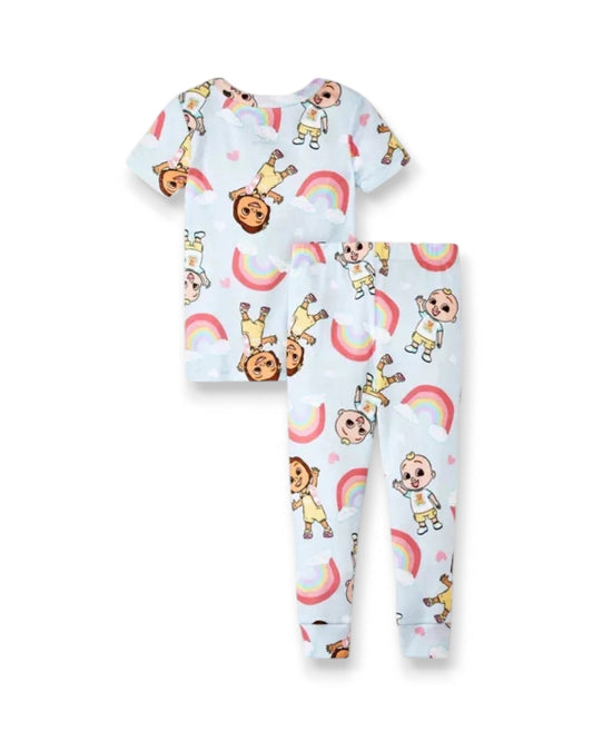 Cocomelon set 2 pijamas manga corta blanca celeste arcoiris - Talla 12m