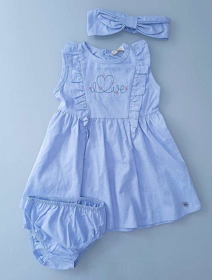 Infanti vestido celeste con calzon y diadema - Talla 3a6m 6a9m