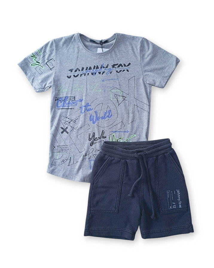 Jhonnie Fox conjunto camiseta gris y bermuda plomo niño - Talla 4T