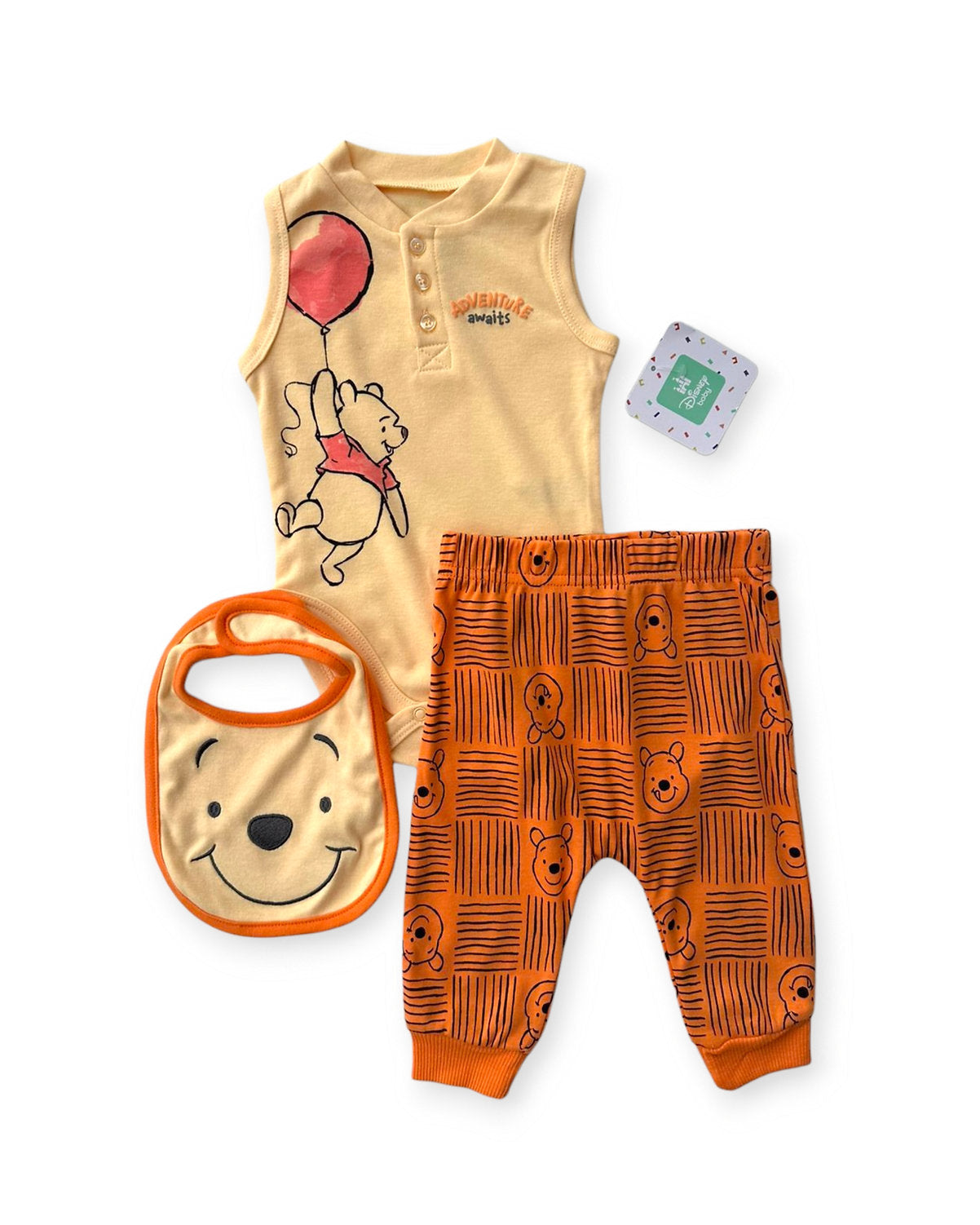 Disney Baby set 3 piezas pantalon mameluco y babero Winnie Pooh - Talla 6a9m