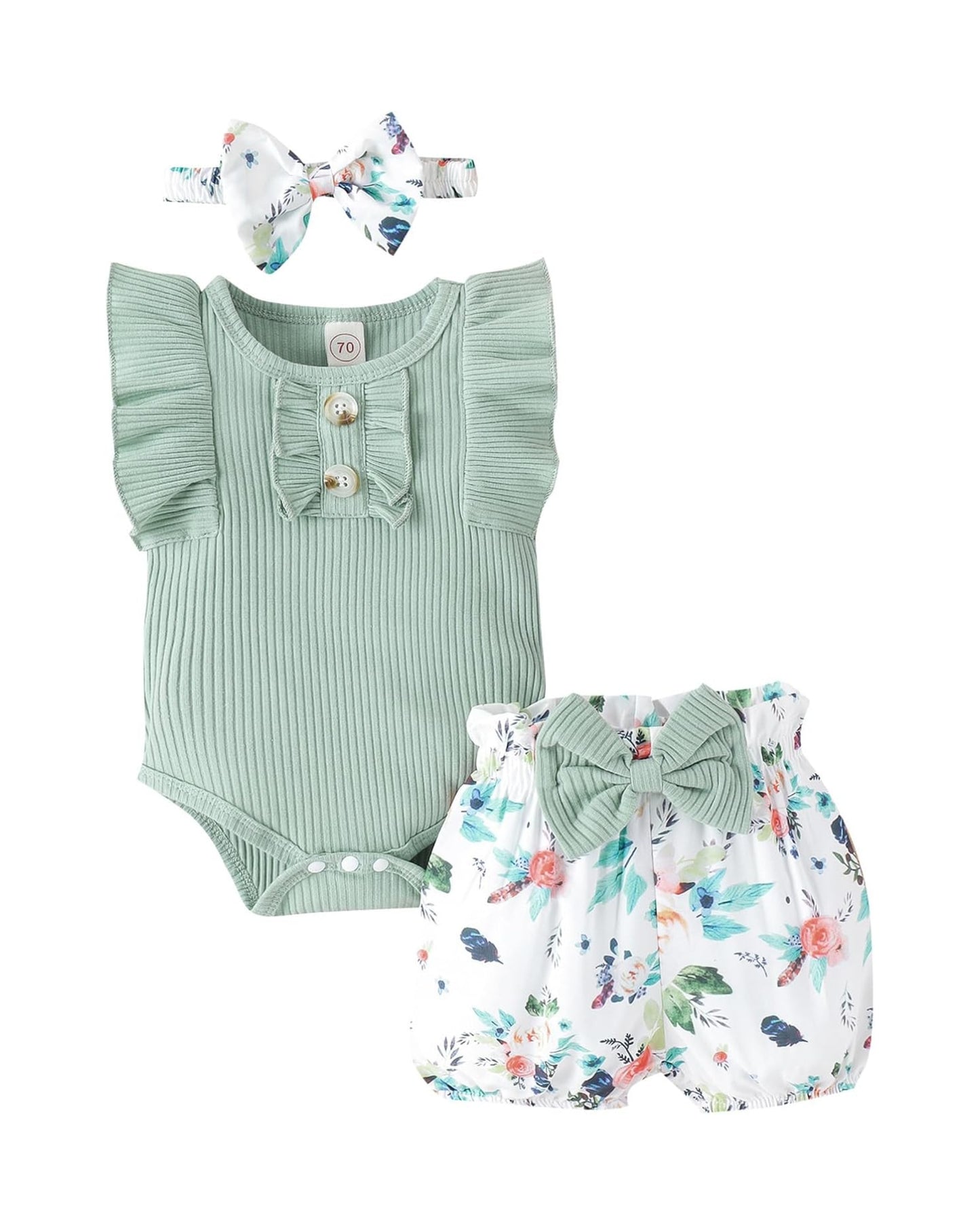 Conjunto 3 piezas short flores mameluco verde y diadema - Talla 9a12 meses