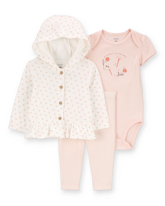 Carter's conjunto 3 piezas rosa abrigo legging mameluco flores - Talla 12 meses