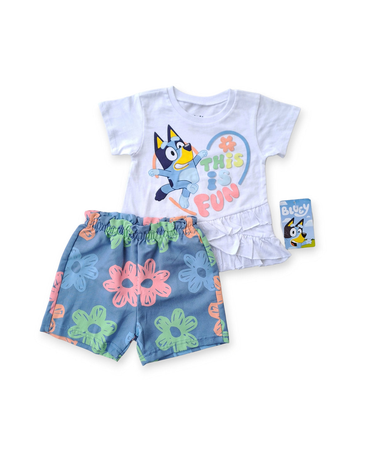 Bluey conjunto 2 piezas short azul floreado y blusa blanca - Talla 2T