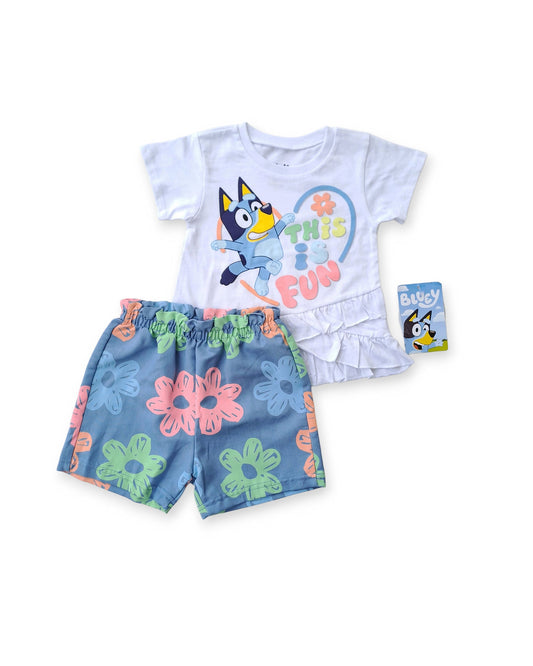 Bluey conjunto 2 piezas short azul floreado y blusa blanca - Talla 2T