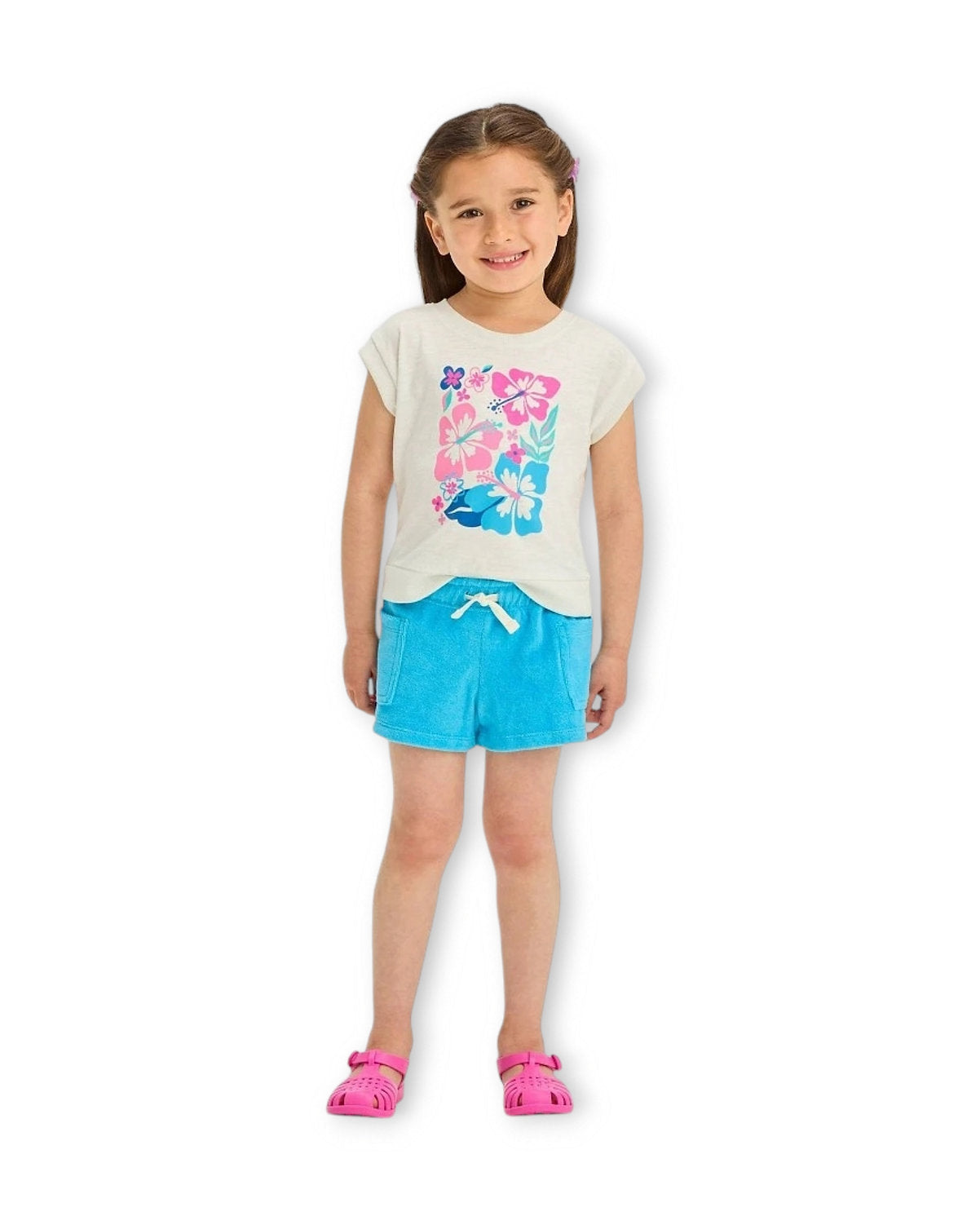 Cat & Jack conjunto short azul camiseta blanca flores - Talla 12 meses