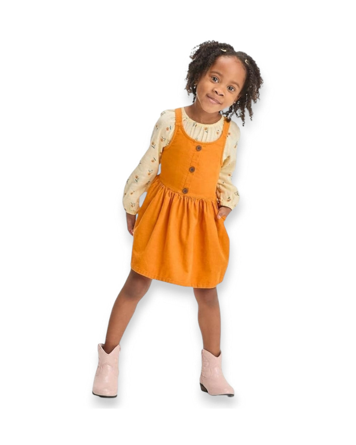 Cat & Jack set 2 piezas overall mostaza y blusa manga larga flores - Talla 4T