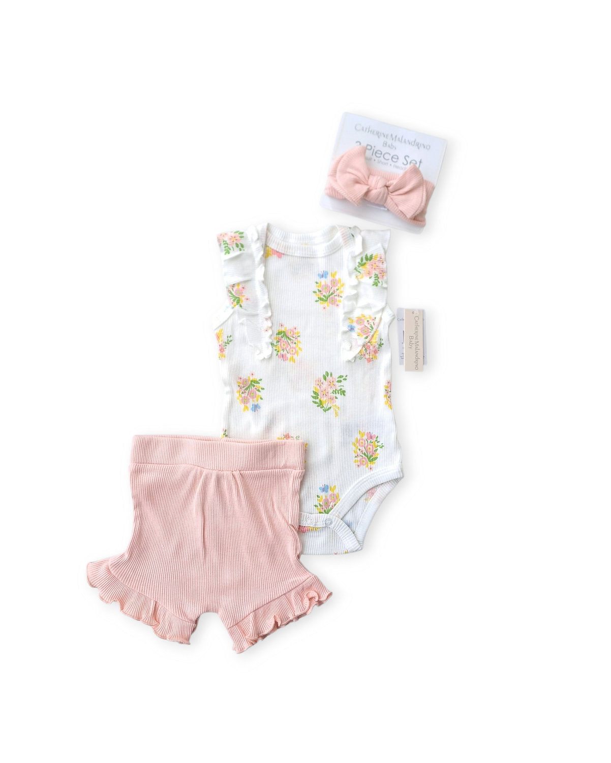 Catherine Malandrino set 3 piezas short mameluco y diadema rosa - Talla 12m 18m