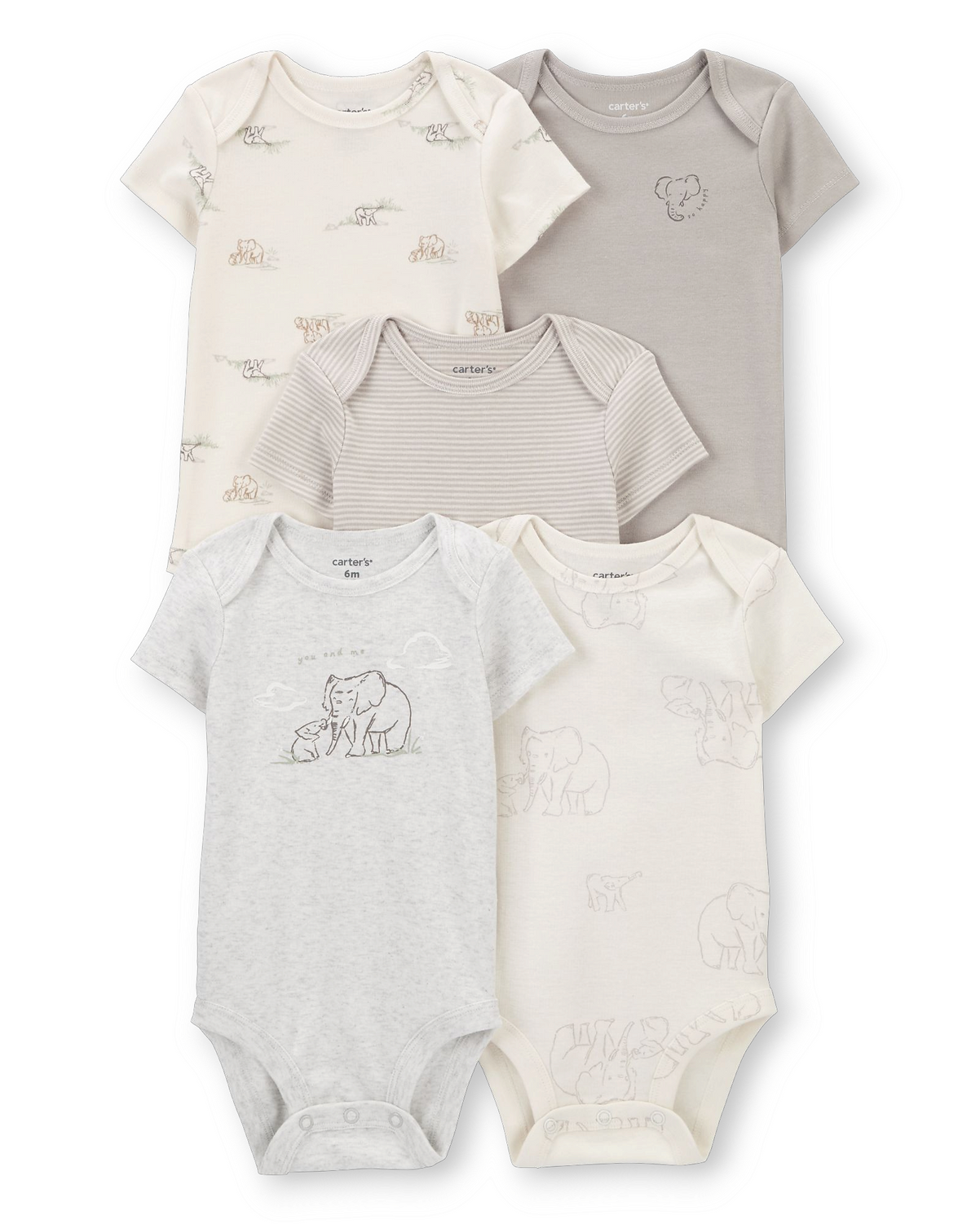Carter's Set 5 mamelucos manga corta elefante unisex - Talla 12m 18m 24m