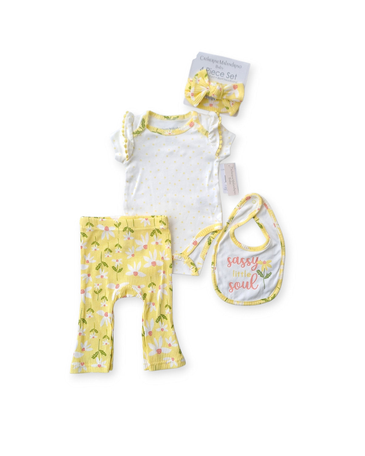 Catherine Malandrino set 4 piezas pantalon mameluco diadema babero - Talla 3a6m