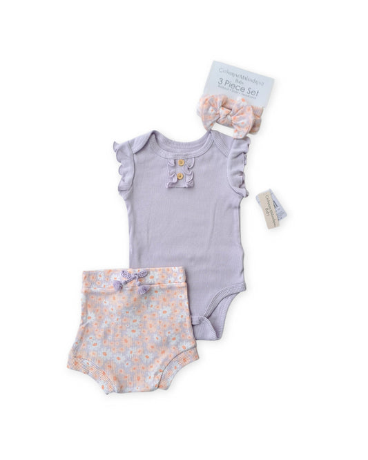 Catherine Malandrino set 3 piezas lila short mameluco y diadema - Talla 12m 18m