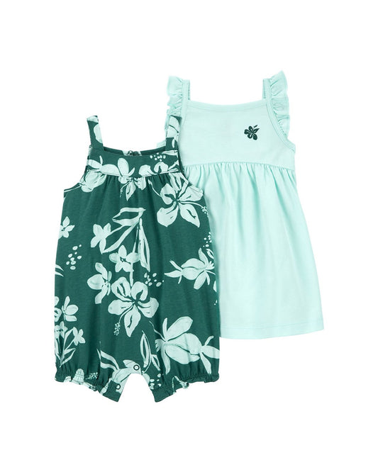 Carter's set romper verde floreado y vestido aguamarina con calzón - Talla 24m