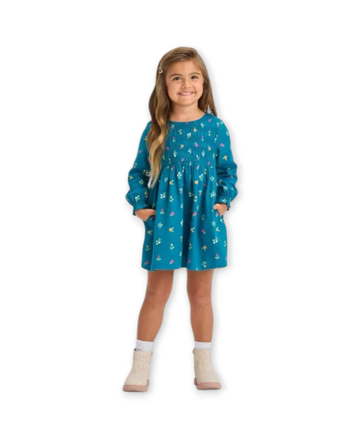 Cat & Jack vestido verde floreado manga larga con calzón - Talla 12 meses