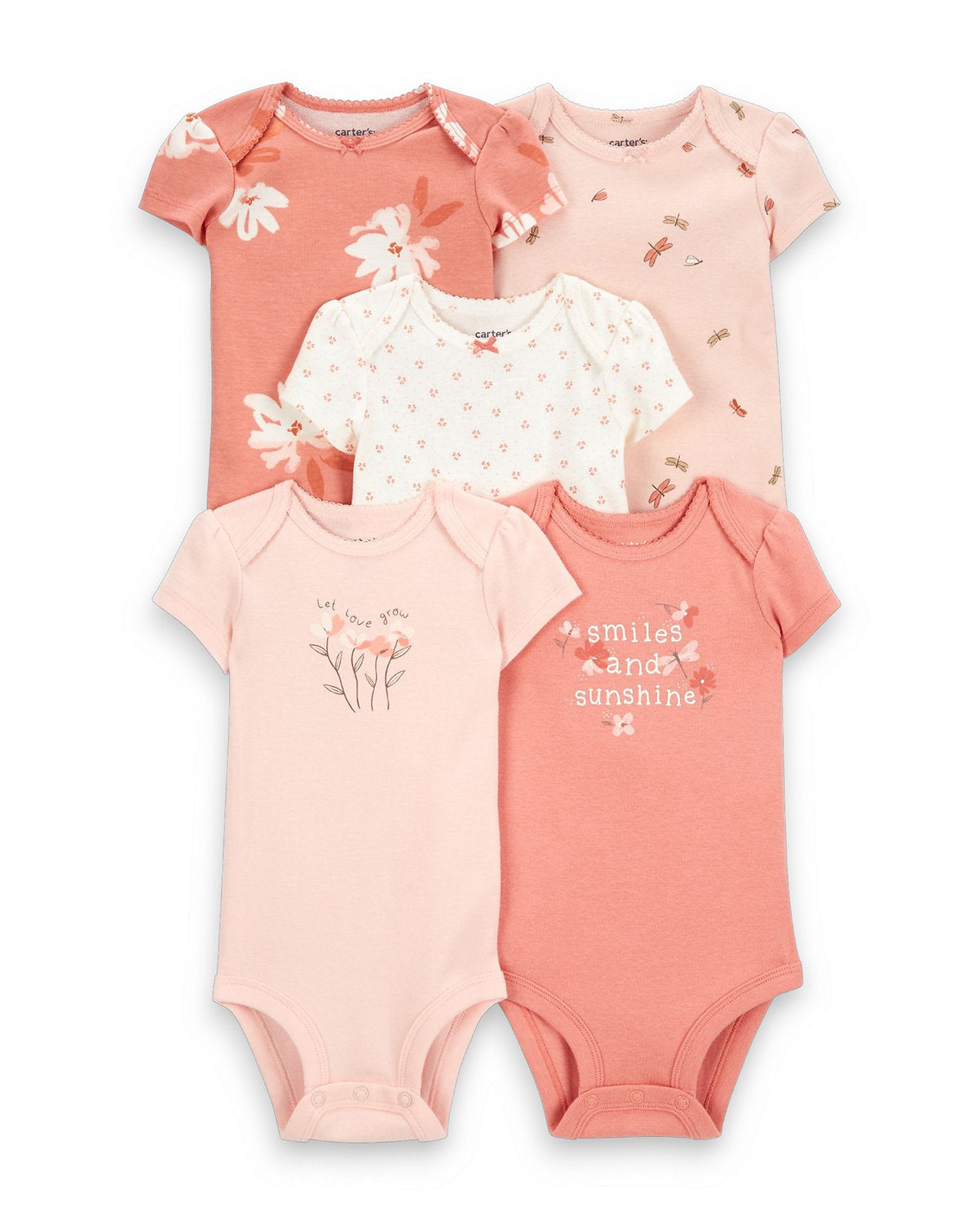 Carter's Set 5 mamelucos rosa flores libélula - Talla 6m 12m 18m 24m