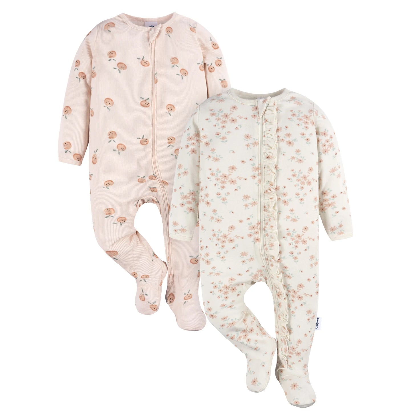 Gerber set 2 pijamas zipper pie cerrado flores - Talla RN - 0a3m - 3a6m