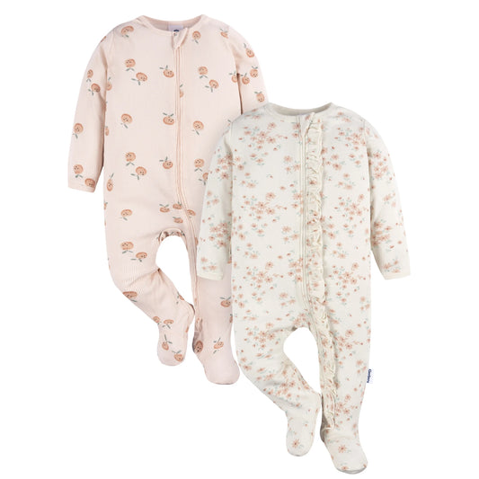Gerber set 2 pijamas zipper pie cerrado flores - Talla RN - 0a3m - 3a6m