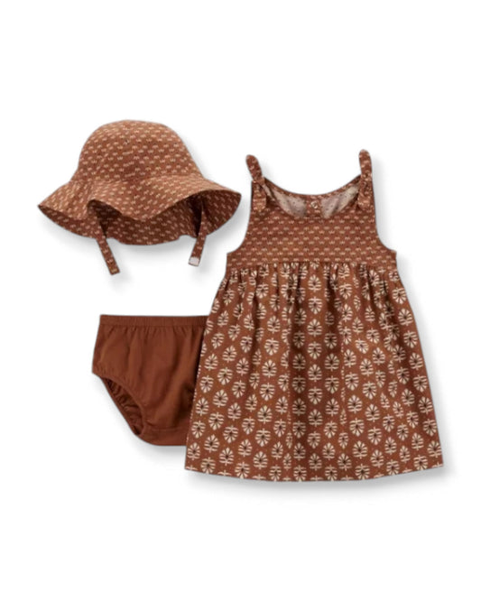 Carter's Set 3 piezas café floreado vestido calzón sombrero - Talla RN - 18m