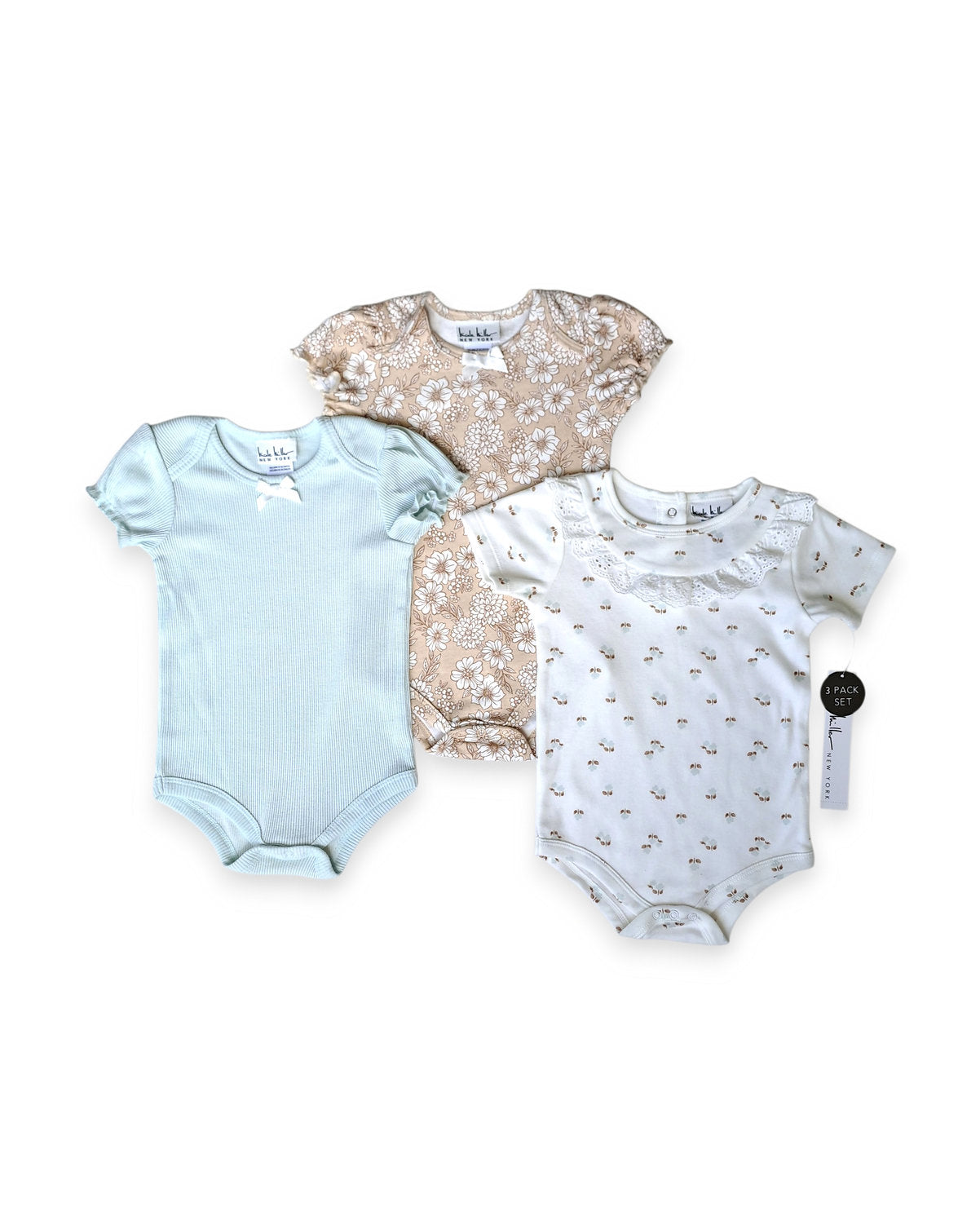 Nicole Miller set 3 mamelucos menta blanco crema flores - Talla 18 meses