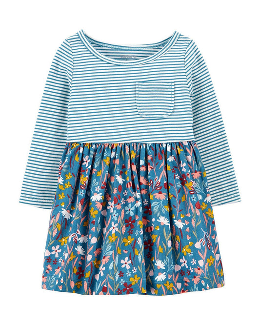 Carters Vestido manga larga flores y rayas  - Talla 4T