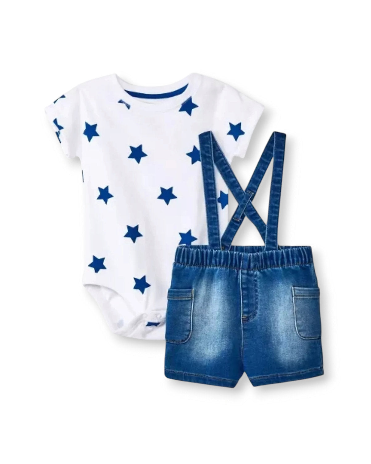 Cat & Jack overall corto mezclilla y mameluco blanco estrellas - Talla 6a9m