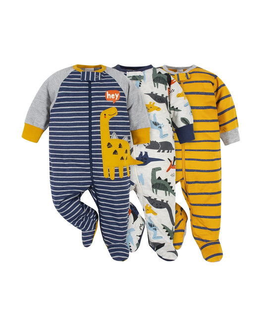 Gerber set 3 pijamas pie cerrado zipper Dino - Talla 0a3 meses