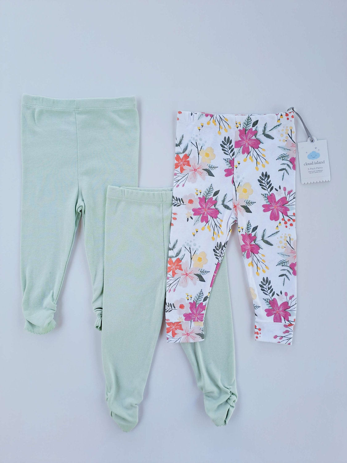 Cloud Island set 3 pantalones verde flores 100% algodón - Talla 12 meses