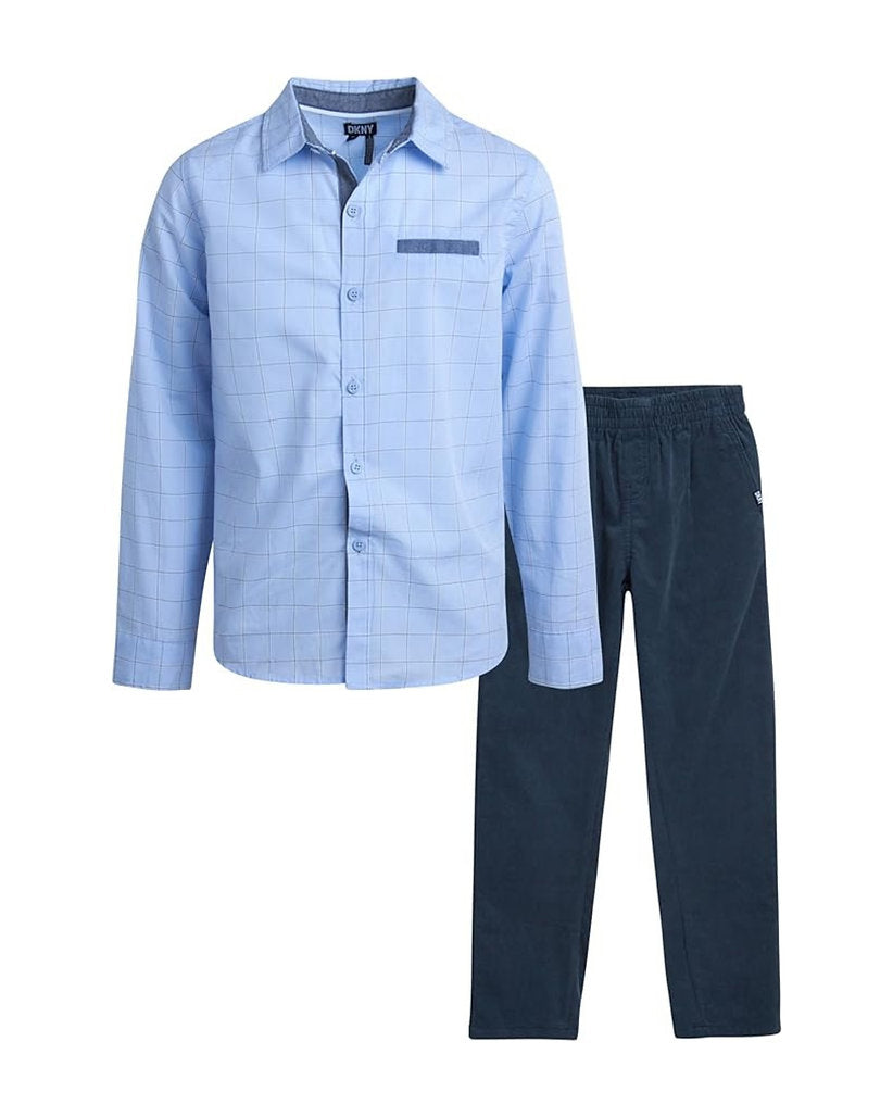 DKNY conjunto pantalon verde camisa manga larga celeste - Talla 2T