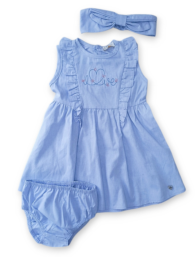 Infanti vestido celeste con calzon y diadema - Talla 3a6m 6a9m