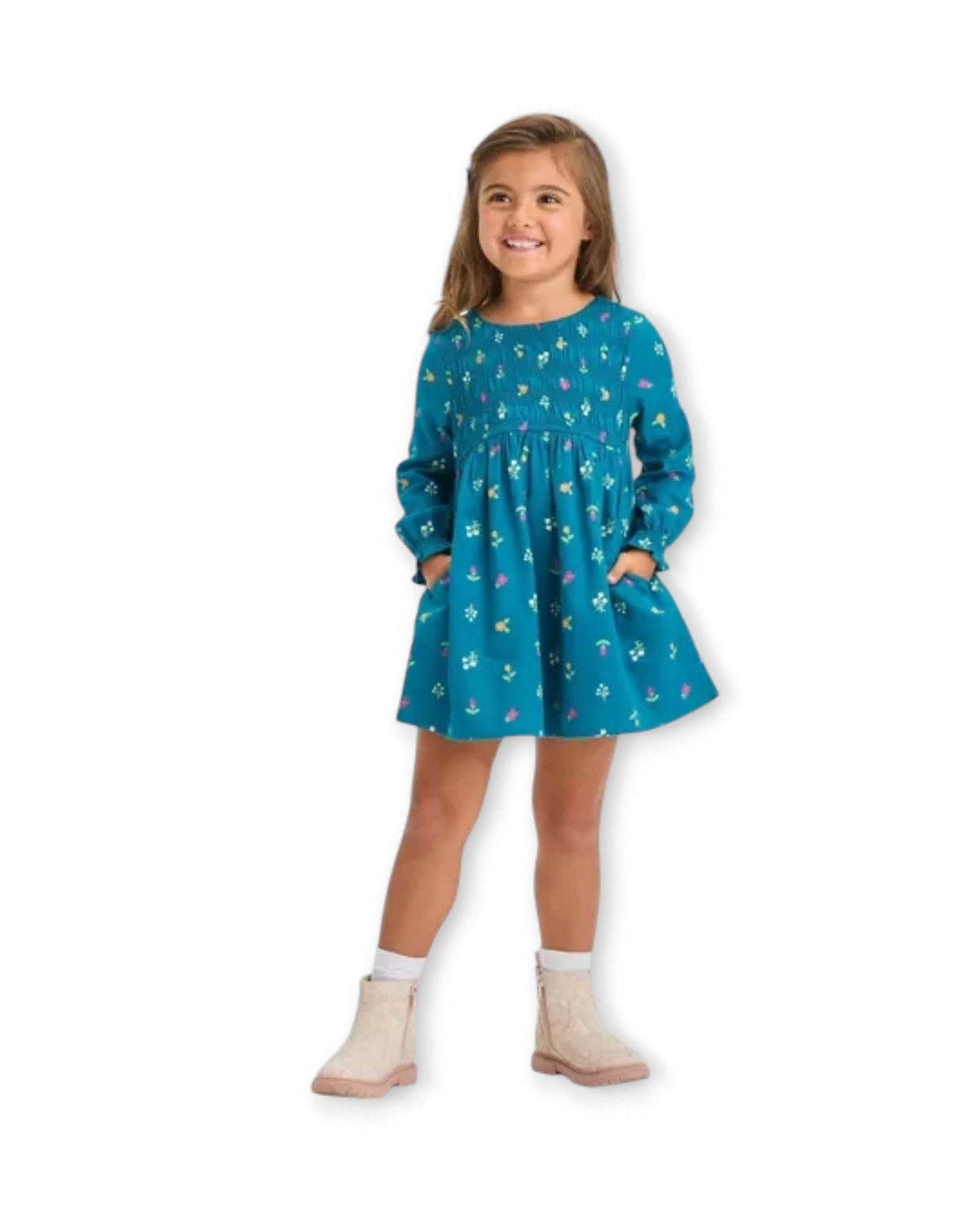 Cat & Jack vestido verde floreado manga larga con calzón - Talla 12 meses