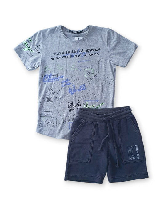 Jhonnie Fox conjunto camiseta gris y bermuda plomo niño - Talla 4T
