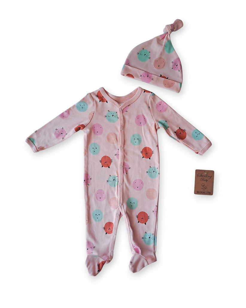 Sterling Baby pijama pies rosa gatitos con gorro orgánico - Talla 6 meses