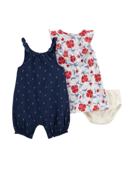 Carter's Set vestido blanco flores con calzón y romper azul - Talla 9m 18m
