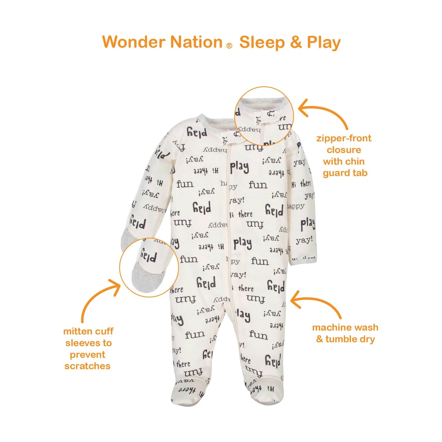 Wonder Nation set 2 pijamas pie cerrado zipper happy unisex - Talla 0a3 meses