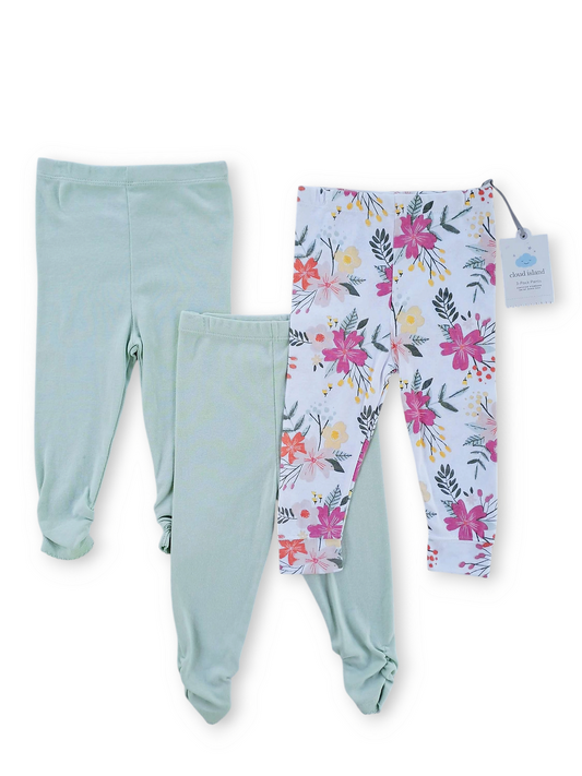 Cloud Island set 3 pantalones verde flores 100% algodón - Talla 12 meses