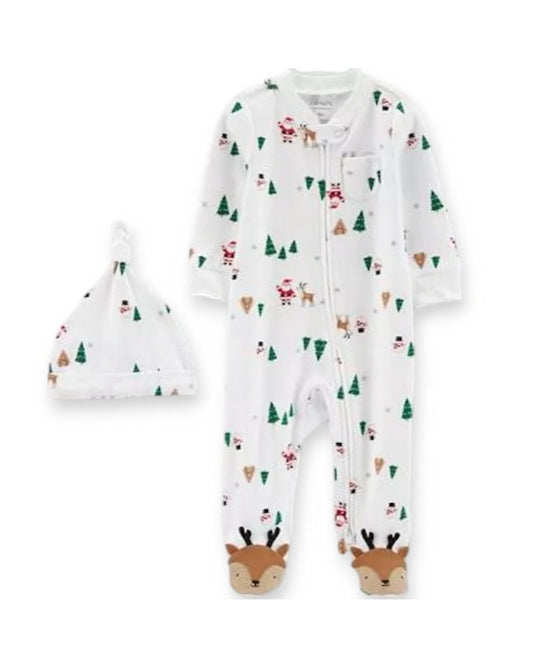 Carter's pijama navidad pie cerrado zipper doble con gorro - Talla Recién nacido