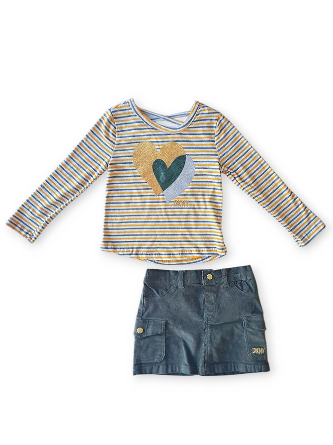 DKNY conjunto falda verde y blusa amarilla rayas - Talla 4T
