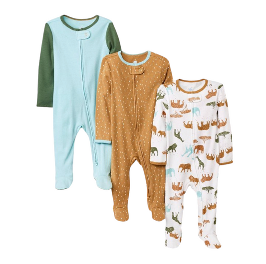 Cloud Island set 3 pijamas pie cerrado doble zipper animales - Talla 0a3 meses