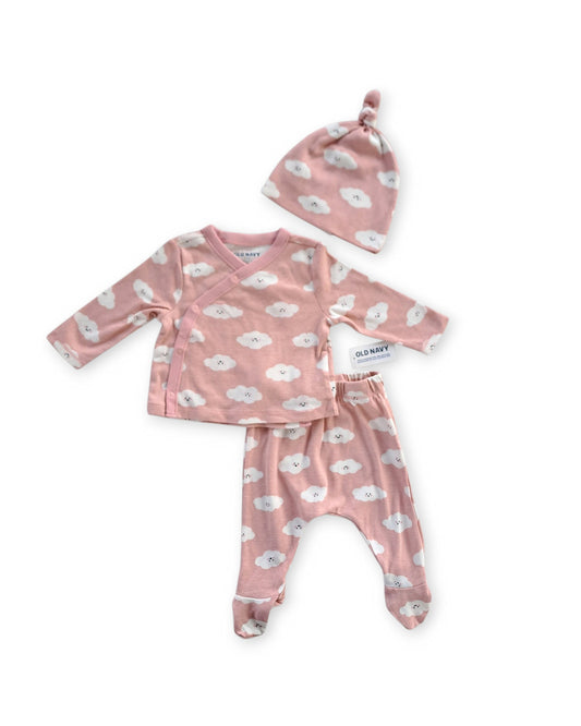 Old Navy conjunto 3 piezas pantalon kimono y gorro rosa nubes - Talla 0a3 meses