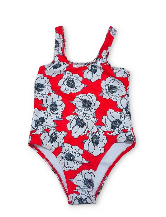 Traje de baño entero rojo flores  - Talla 6/7