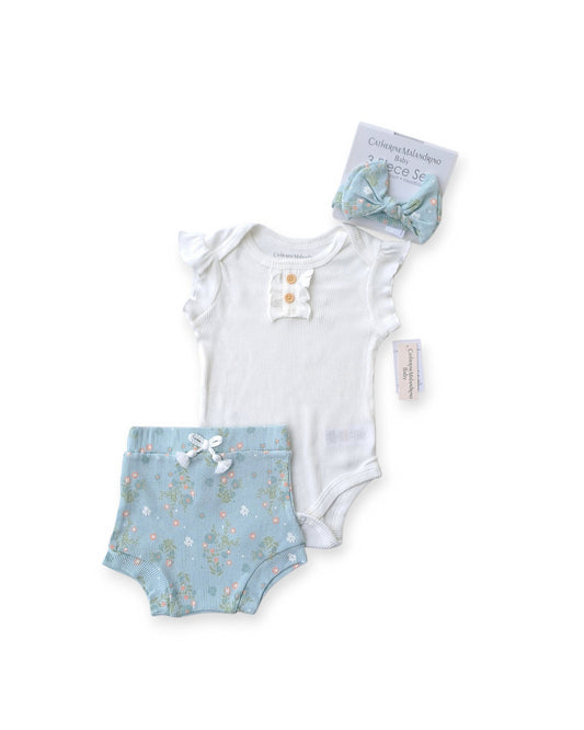 Catherine Malandrino set 3 piezas menta short mameluco y diadema - Talla 12m 18m