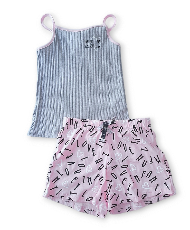 Infanti pijama short rosa y top gris - Talla 4T y 14