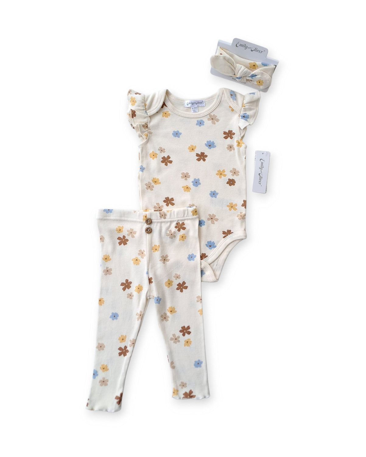 Emily & Oliver set 3 piezas legging mameluco y diadema flores - Talla 6a9 meses