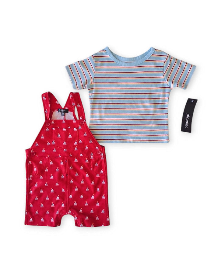 Picapino overall rojo y camiseta multicolor - Talla 18 meses