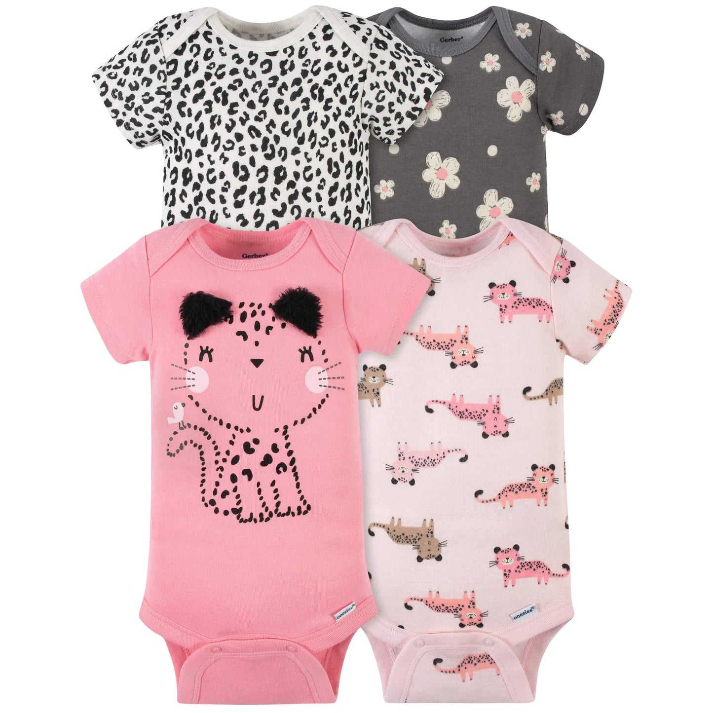 Gerber set 4 mamelucos manga corta leopardo rosa - Talla 12m 18m 24m