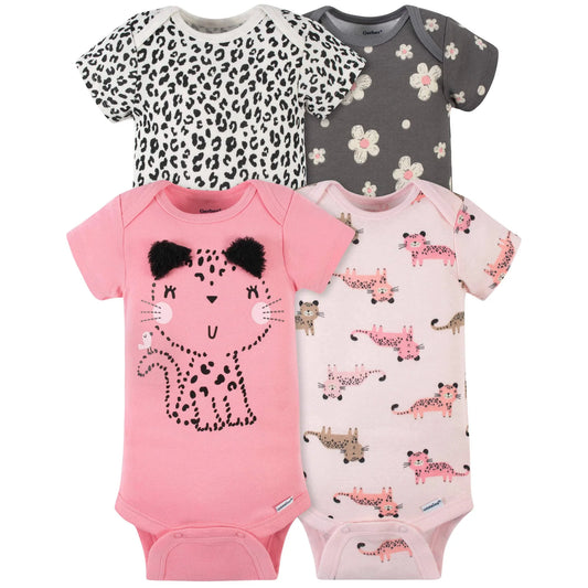 Gerber set 4 mamelucos manga corta leopardo rosa - Talla 12m 18m 24m