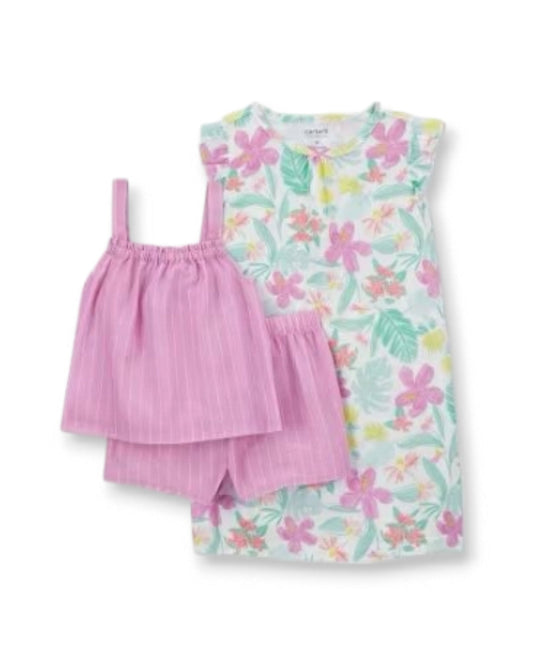 Carter's pijama 3 piezas blusa short y camison flores - Talla 2T