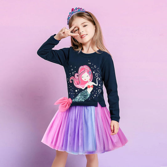Vikita vestido azul manga larga sirena con tutú multicolor - Talla 5/6