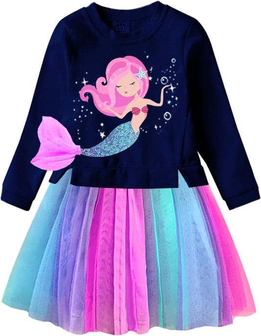 Vikita vestido azul manga larga sirena con tutú multicolor - Talla 5/6